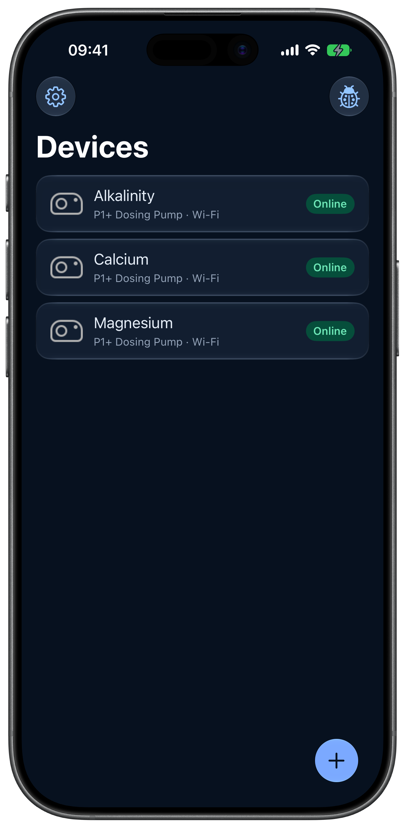 Liste des appareils Rheon en mode sombre sur un iPhone 17