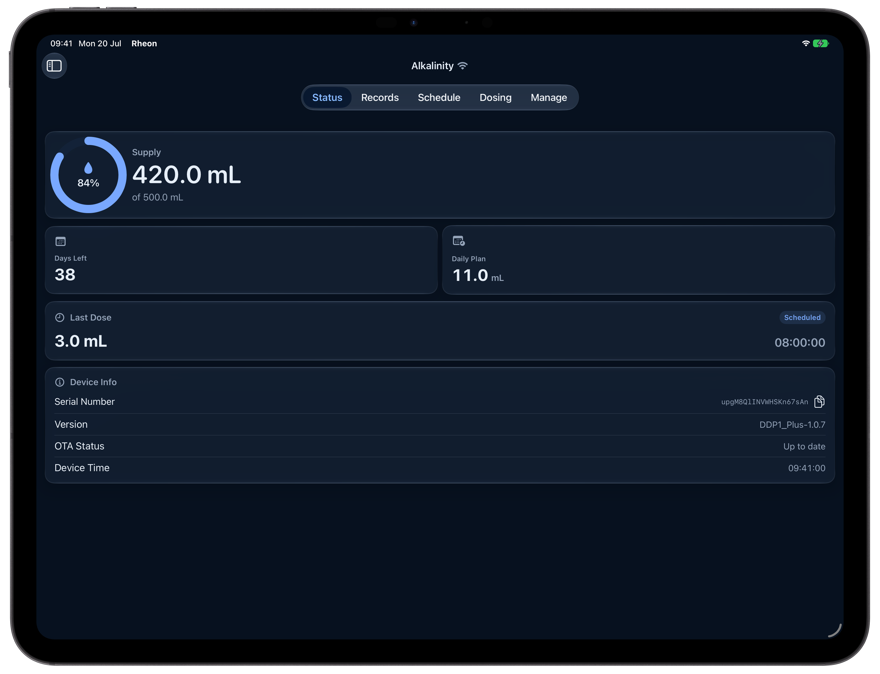 Rheon iPad status dashboard in dark appearance