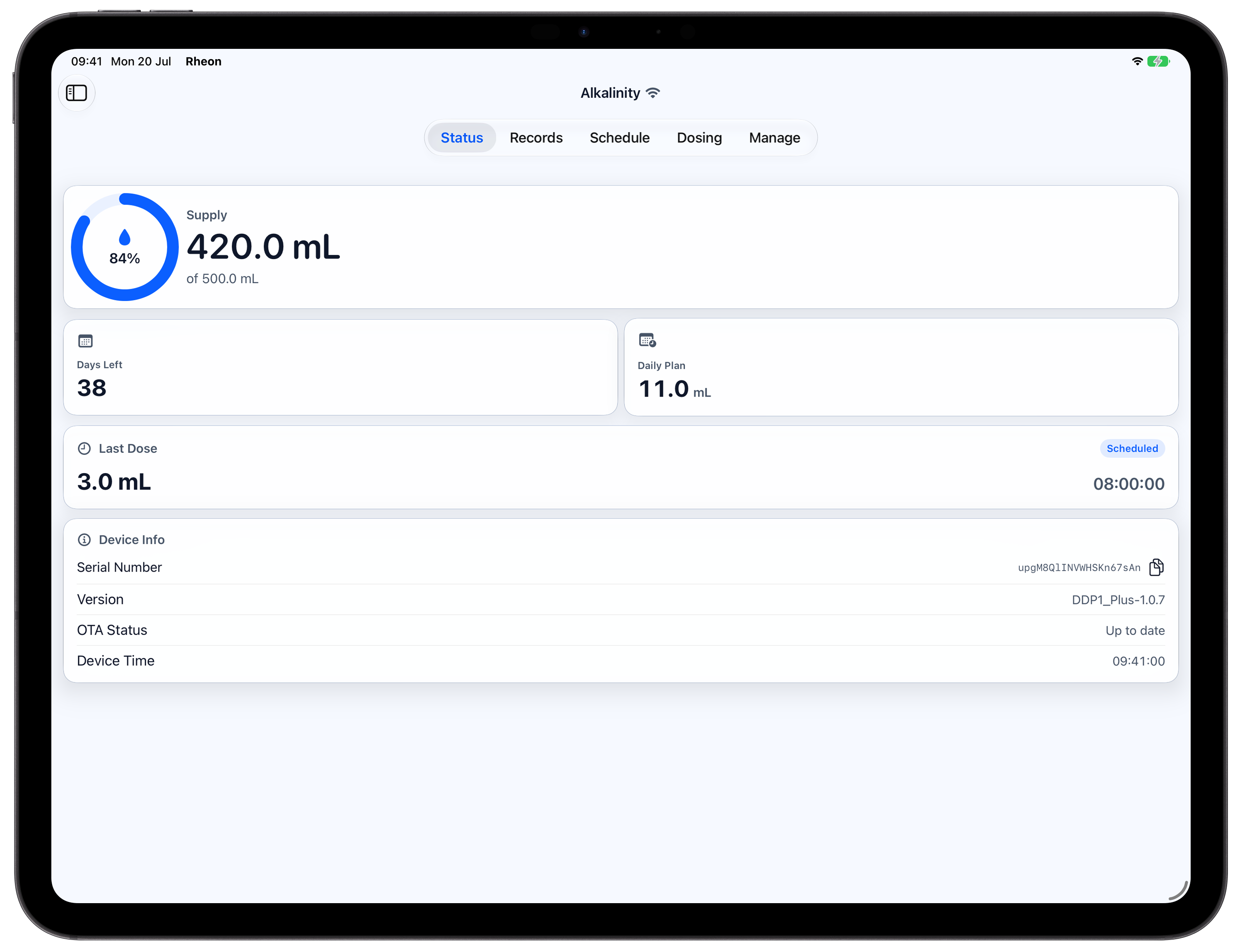 Rheon status dashboard running full-screen on a 13-inch iPad