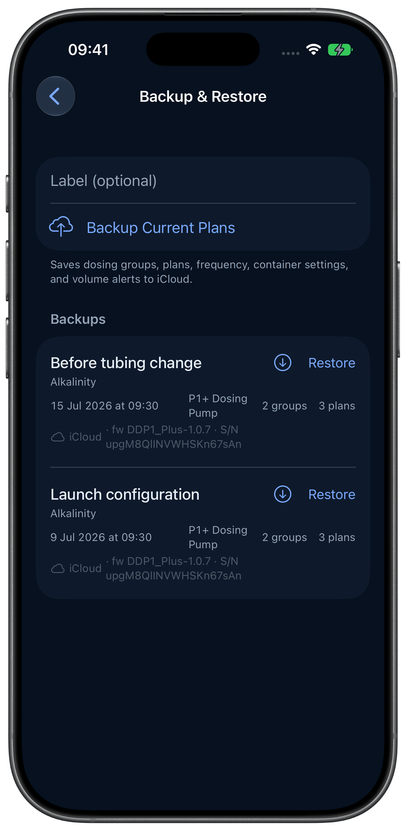Dosing-plan backups in Rheon, dark appearance