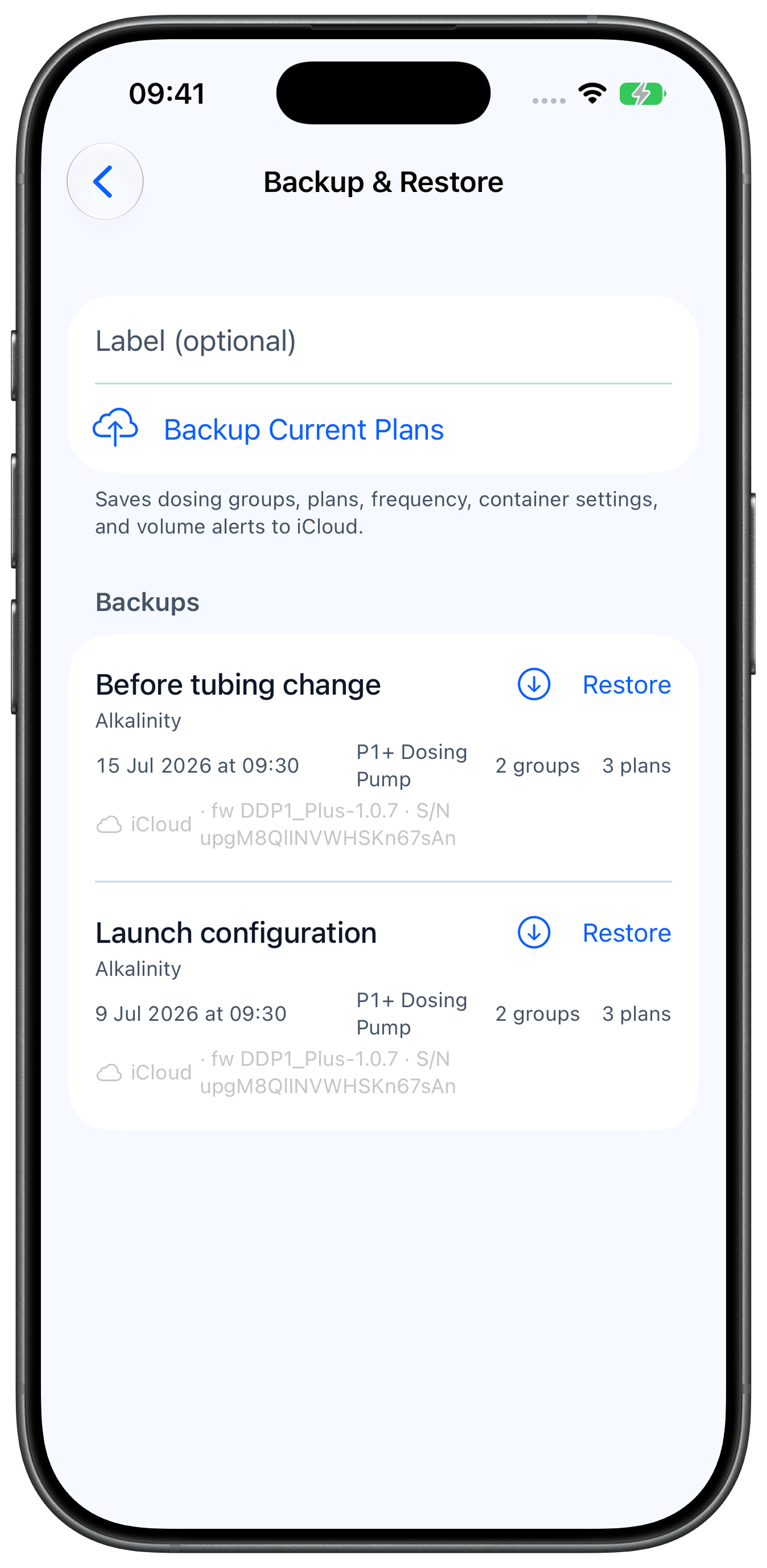 Two restorable dosing-plan backups in Rheon