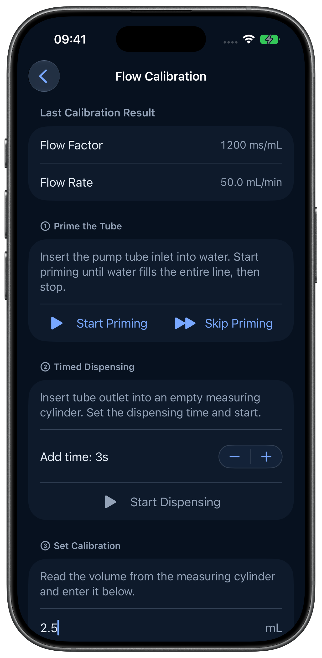 The guided flow calibration workflow in Rheon, dark appearance