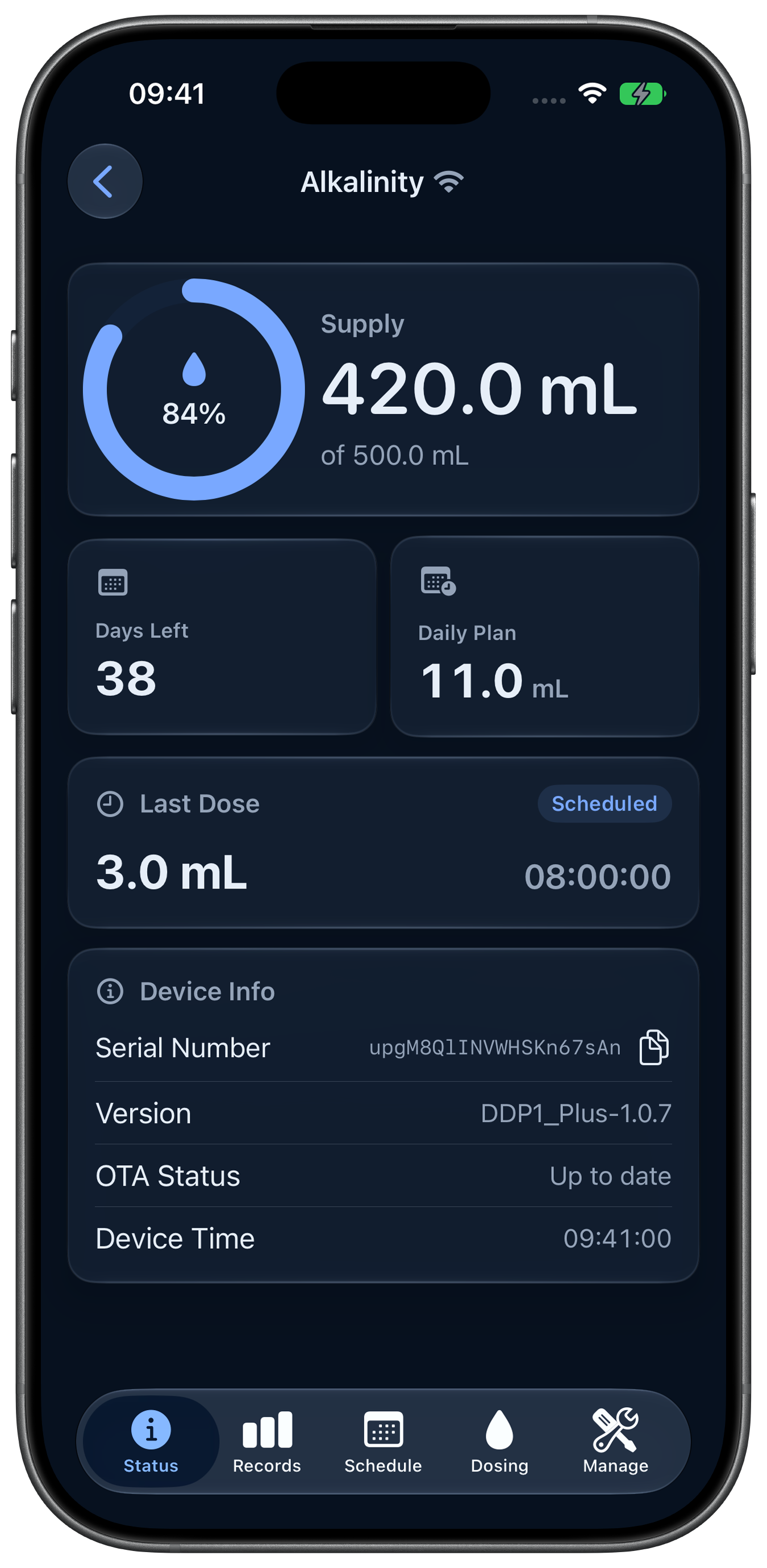 Alkalinity pump status dashboard in Rheon, dark appearance