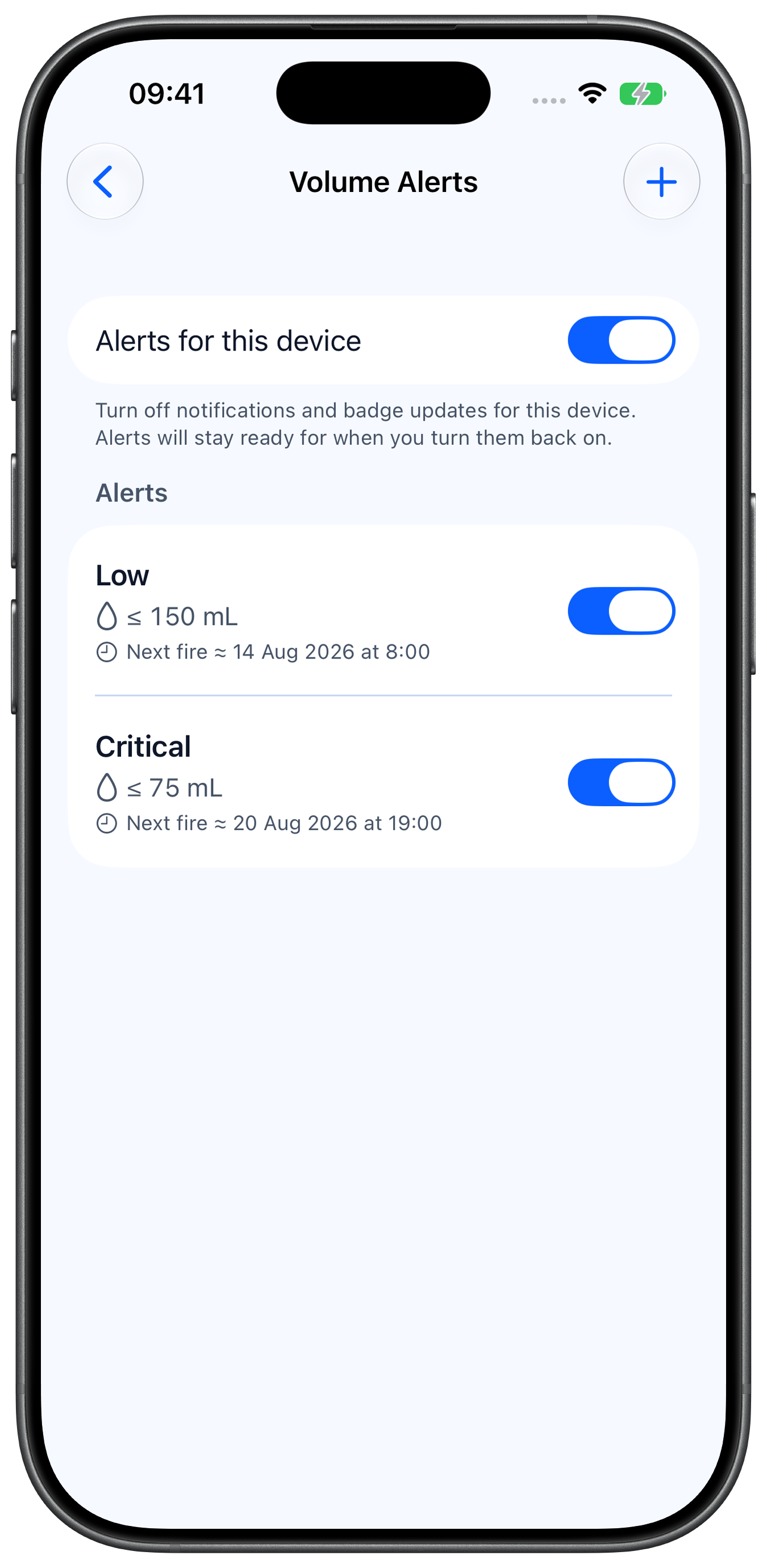 Low and critical container volume alerts configured in Rheon