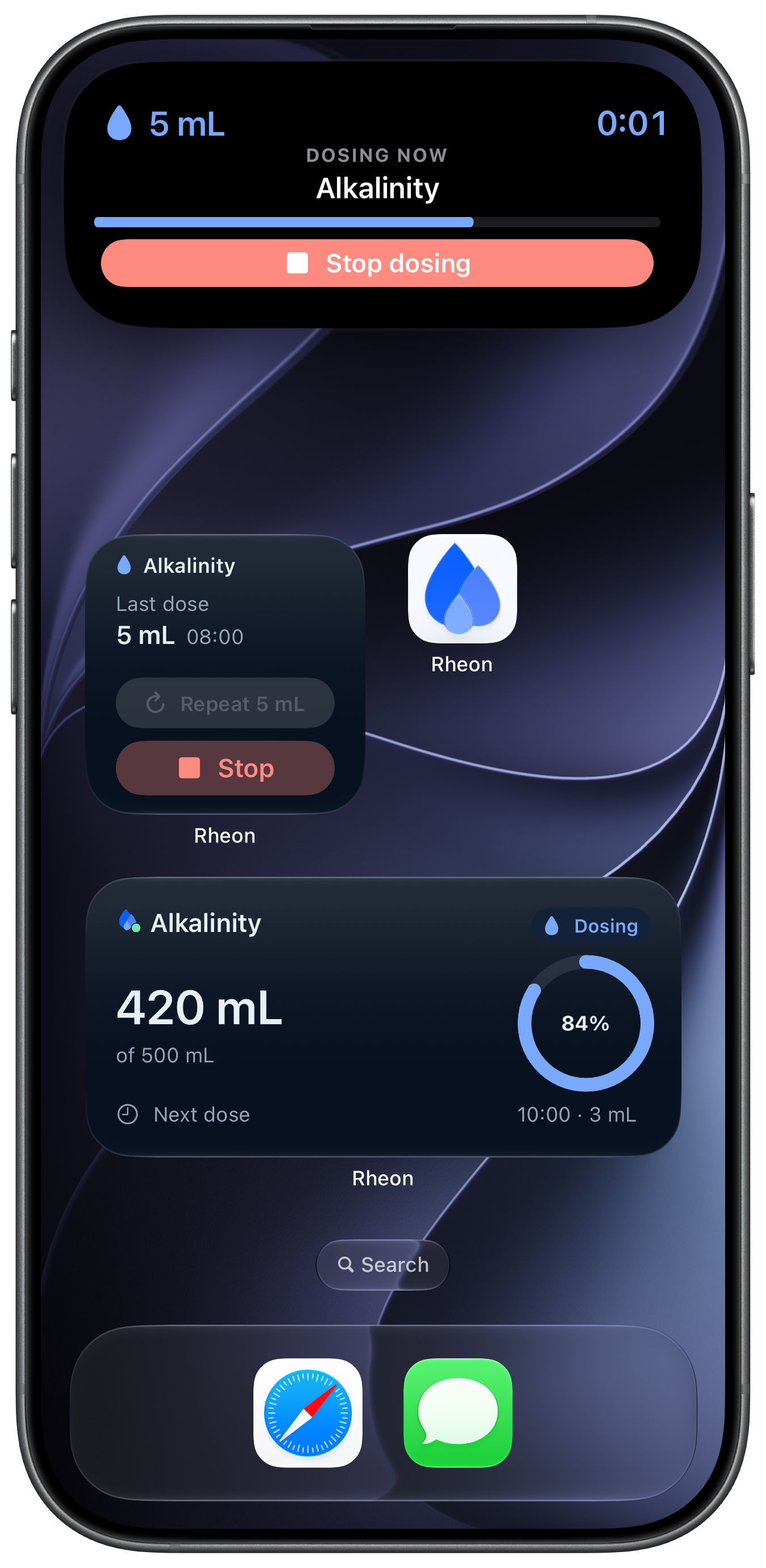 Rheon Home Screen widgets in dark appearance