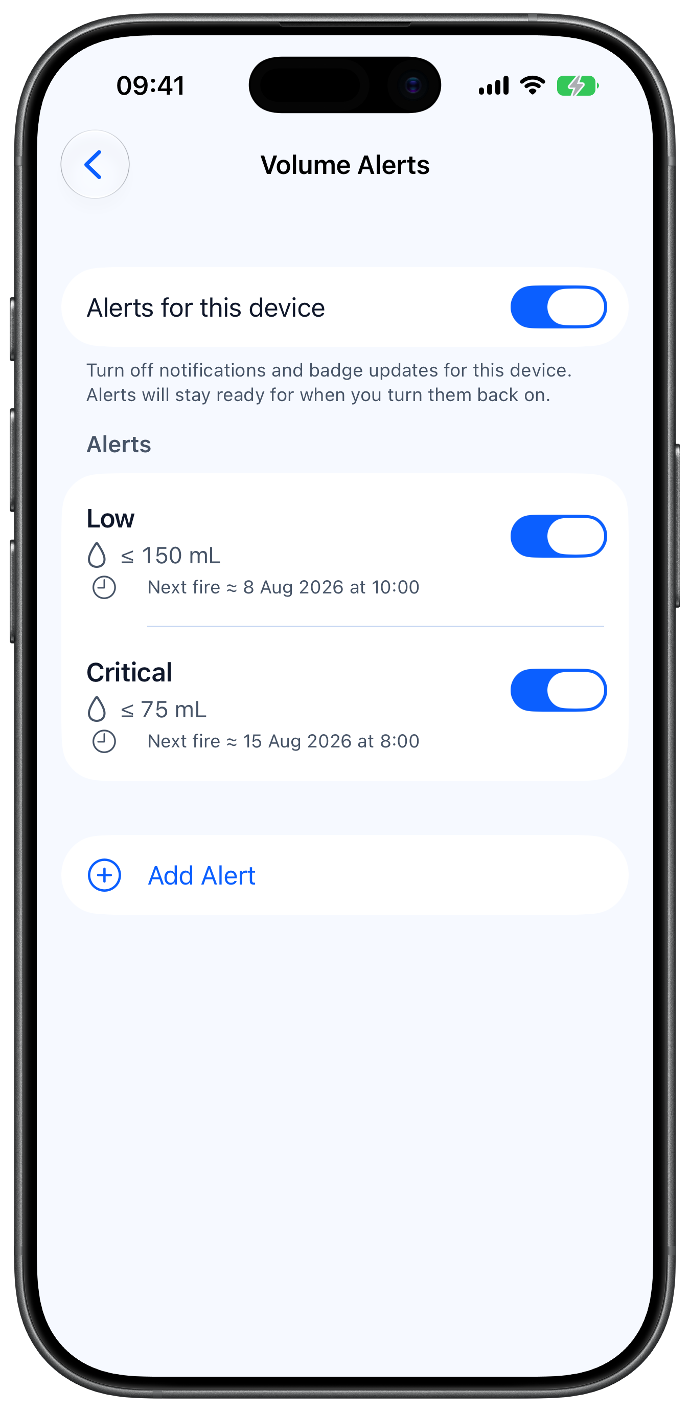 Alertes de volume faible et critique configurées dans Rheon